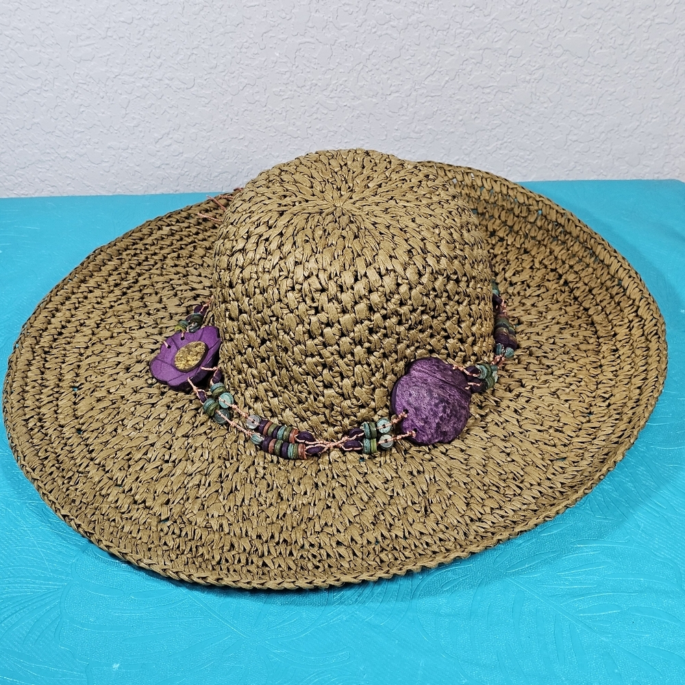 Lucky Brand Raffia Hat Purple Beaded Strap.